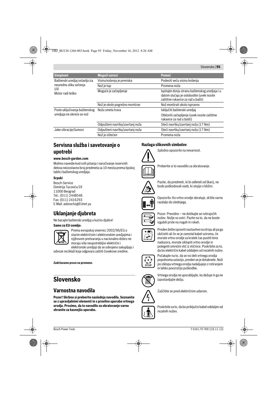 Slovensko, Servisna služba i savetovanje o upotrebi, Uklanjanje djubreta | Varnostna navodila | Bosch Rotak 32 User Manual | Page 95 / 118