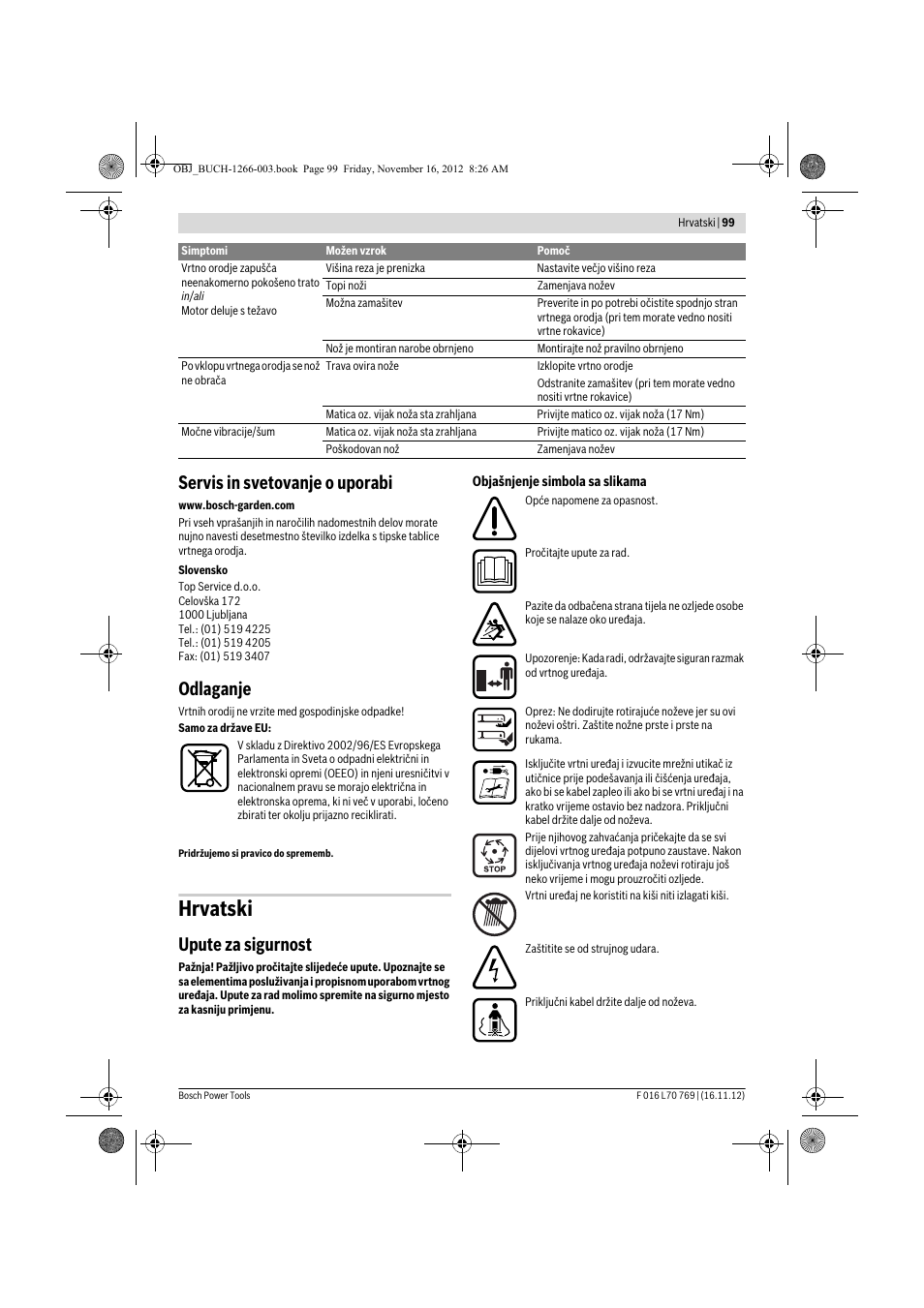 Hrvatski, Servis in svetovanje o uporabi, Odlaganje | Upute za sigurnost | Bosch Rotak 32 User Manual | Page 99 / 118