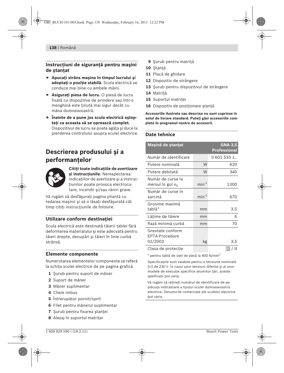 Descrierea produsului şi a performanţelor | Bosch GNA 3,5 Professional User Manual | Page 138 / 199