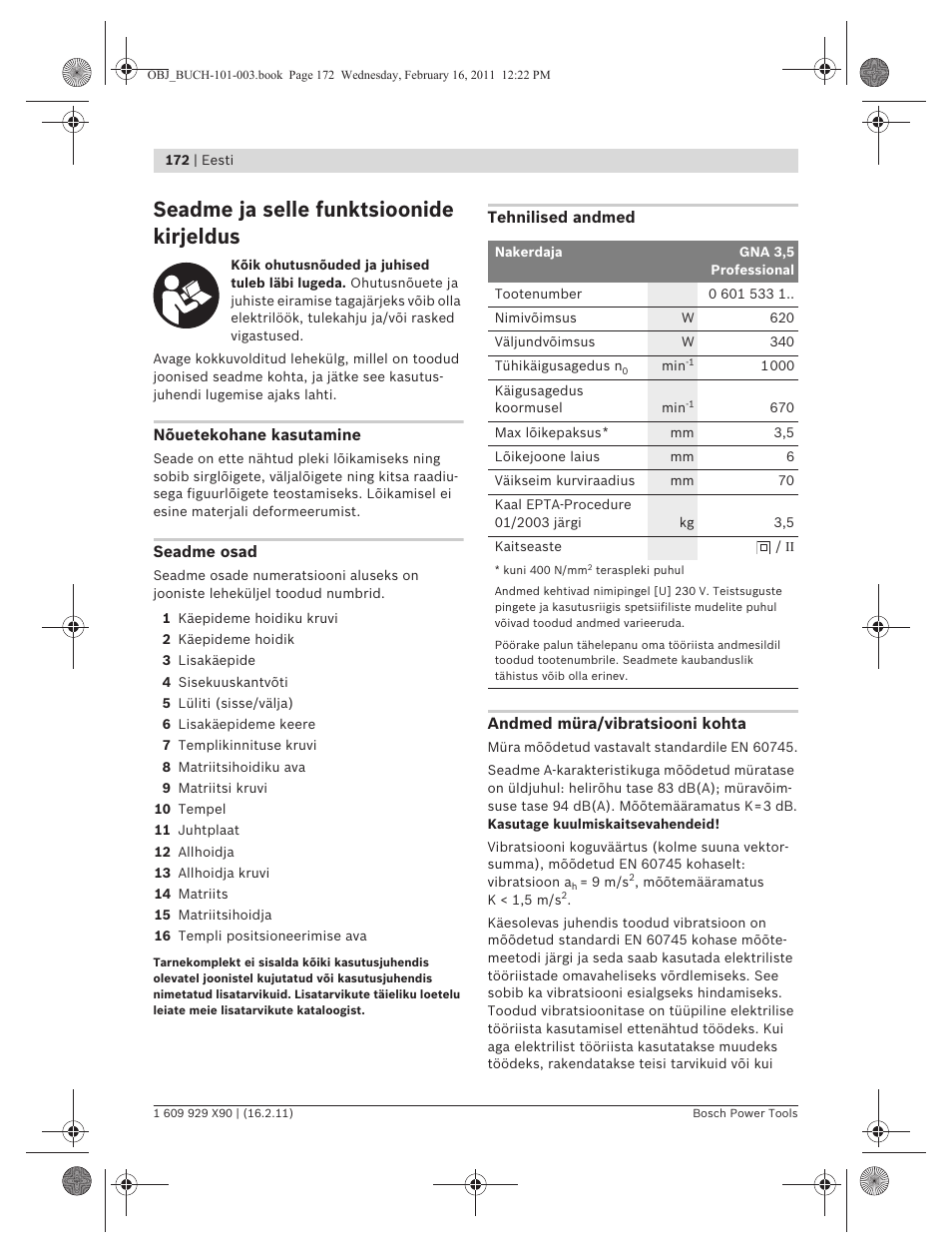 Seadme ja selle funktsioonide kirjeldus | Bosch GNA 3,5 Professional User Manual | Page 172 / 199