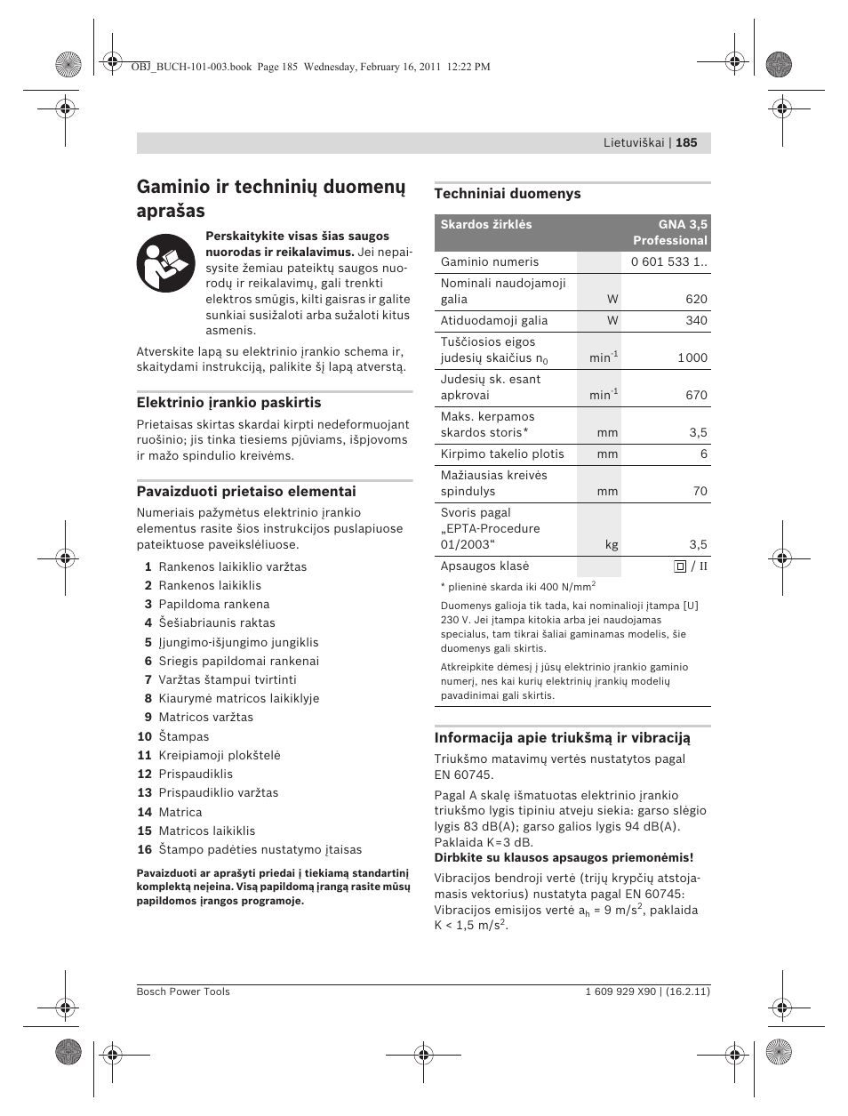 Gaminio ir techninių duomenų aprašas | Bosch GNA 3,5 Professional User Manual | Page 185 / 199