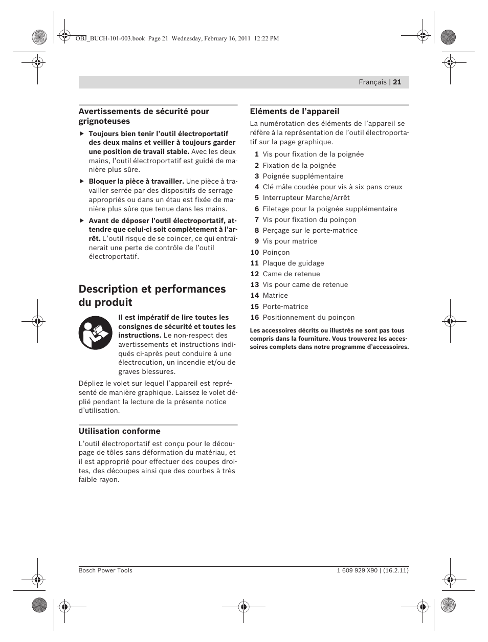 Description et performances du produit | Bosch GNA 3,5 Professional User Manual | Page 21 / 199