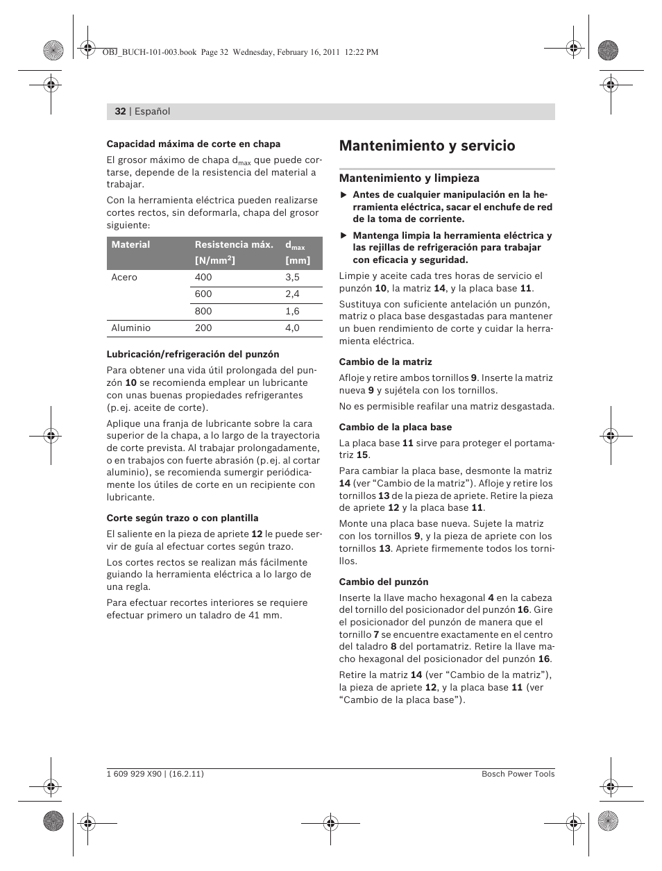 Mantenimiento y servicio | Bosch GNA 3,5 Professional User Manual | Page 32 / 199