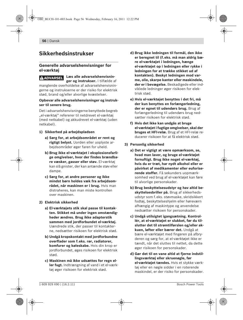 Sikkerhedsinstrukser | Bosch GNA 3,5 Professional User Manual | Page 56 / 199