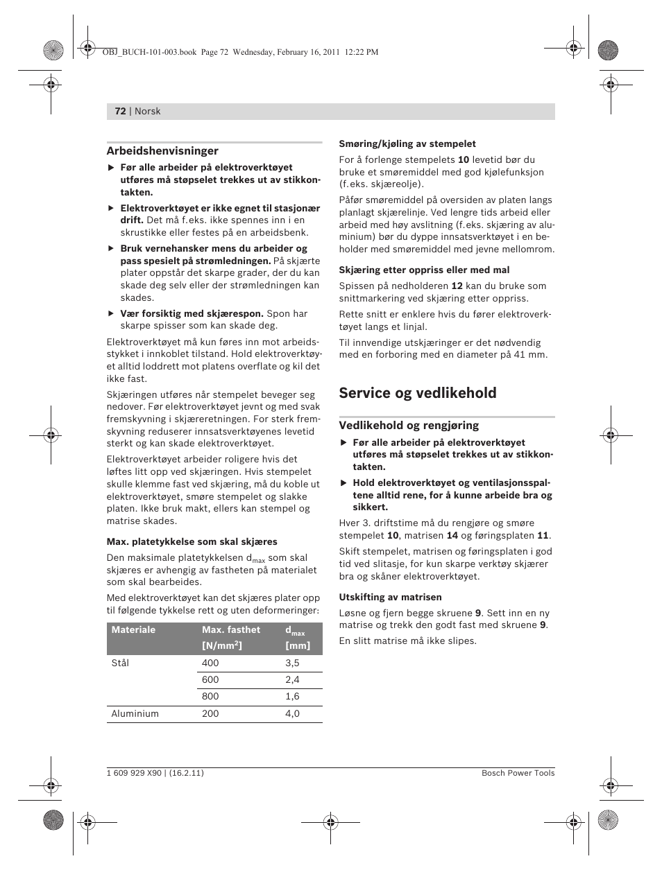 Service og vedlikehold | Bosch GNA 3,5 Professional User Manual | Page 72 / 199