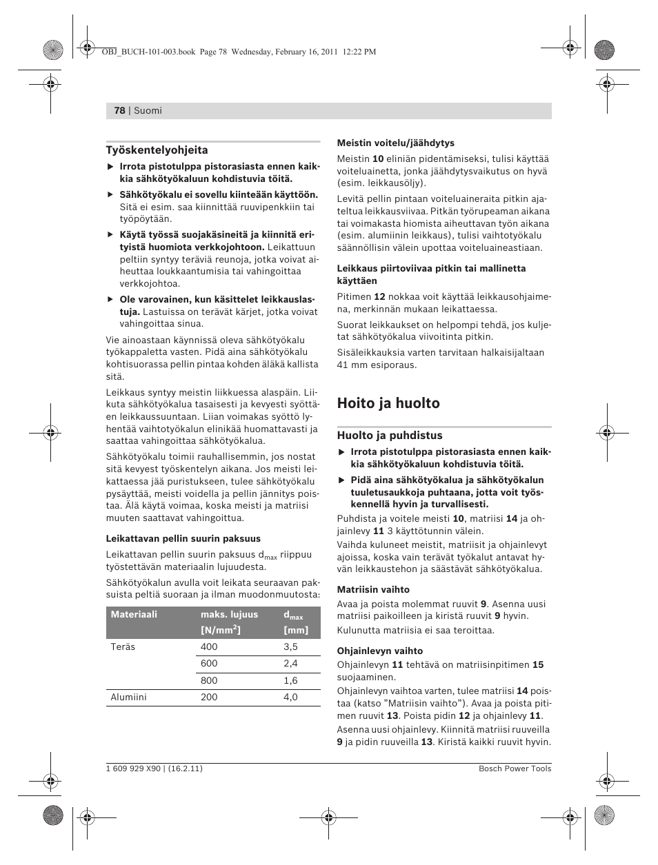 Hoito ja huolto | Bosch GNA 3,5 Professional User Manual | Page 78 / 199