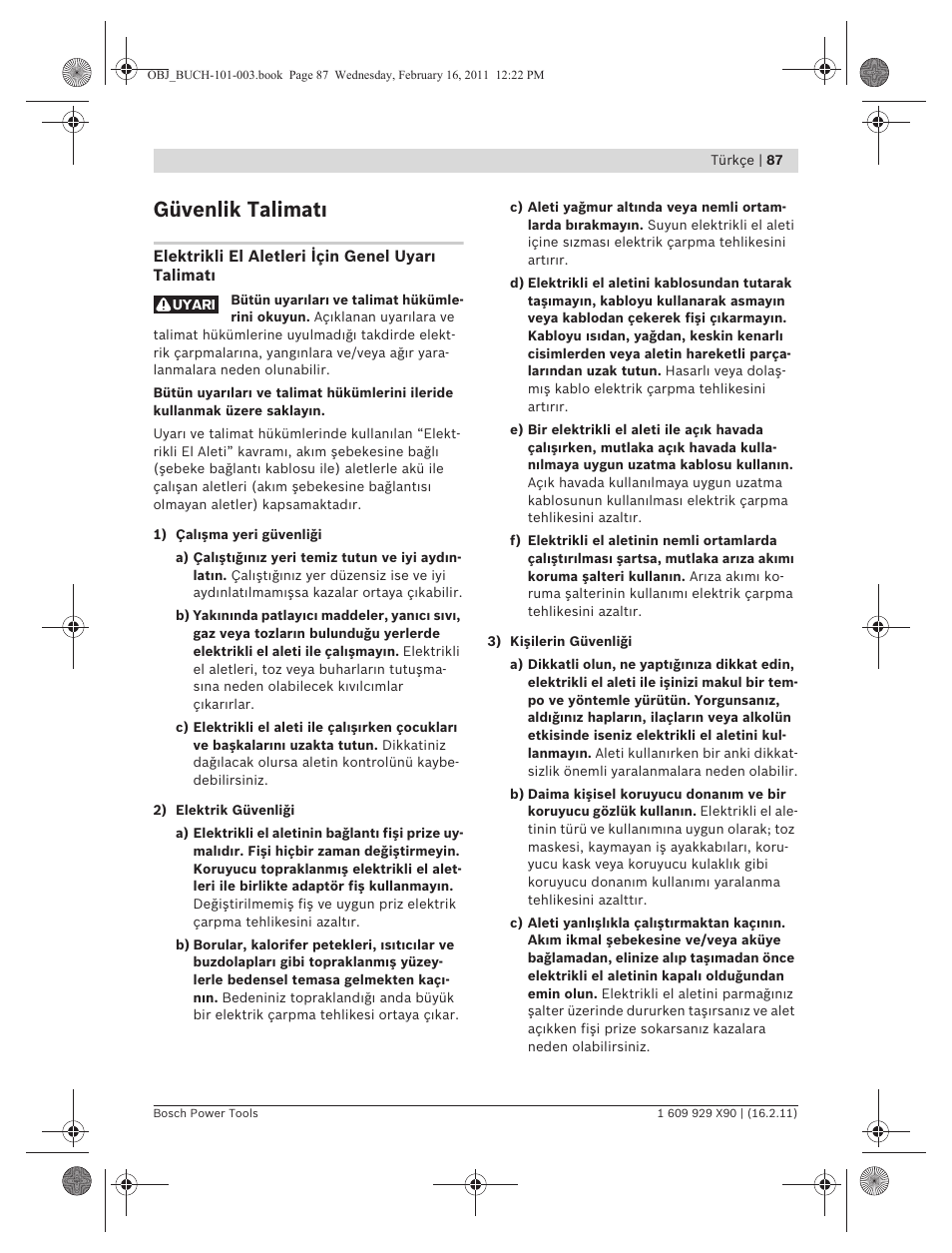 Güvenlik talimat | Bosch GNA 3,5 Professional User Manual | Page 87 / 199