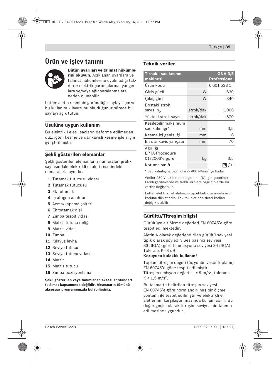 Ürün ve işlev tan m | Bosch GNA 3,5 Professional User Manual | Page 89 / 199