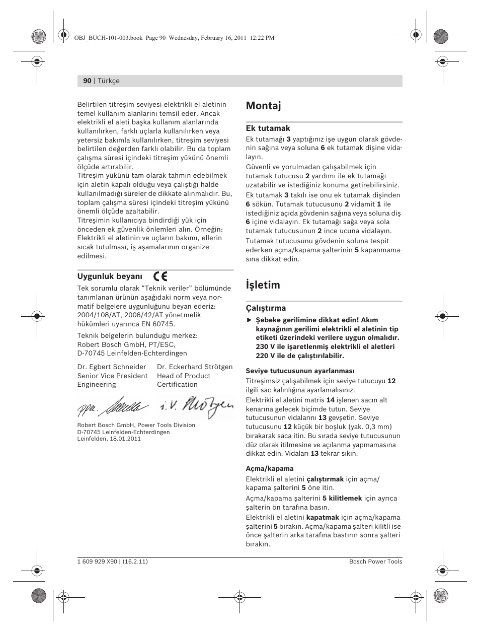 Montaj, Işletim | Bosch GNA 3,5 Professional User Manual | Page 90 / 199