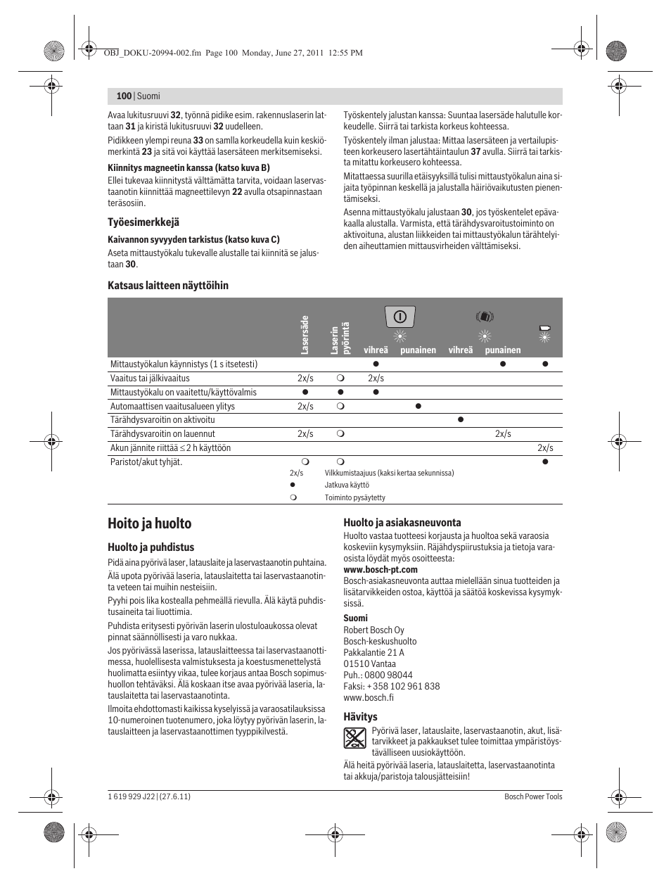 Hoito ja huolto | Bosch GRL 400 H Professional User Manual | Page 100 / 259