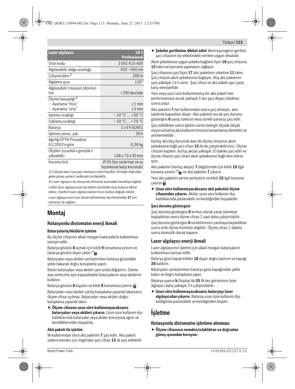 Montaj, Işletme | Bosch GRL 400 H Professional User Manual | Page 113 / 259