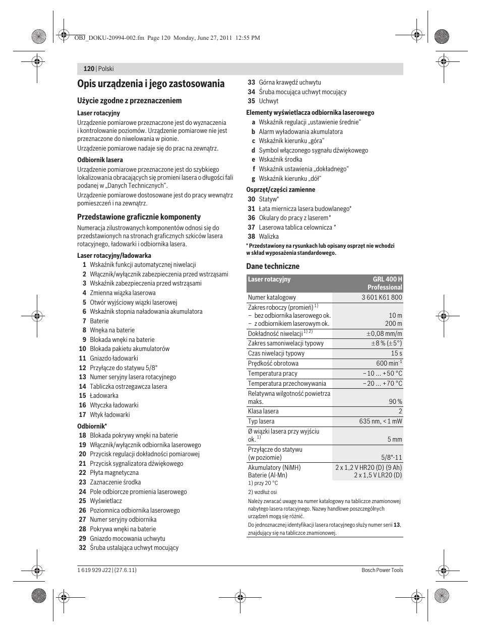 Opis urządzenia i jego zastosowania | Bosch GRL 400 H Professional User Manual | Page 120 / 259