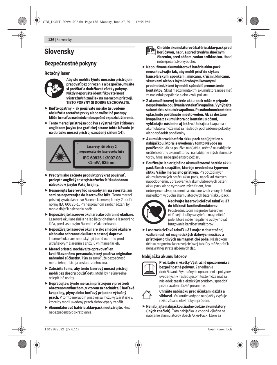 Slovensky, Bezpečnostné pokyny | Bosch GRL 400 H Professional User Manual | Page 136 / 259
