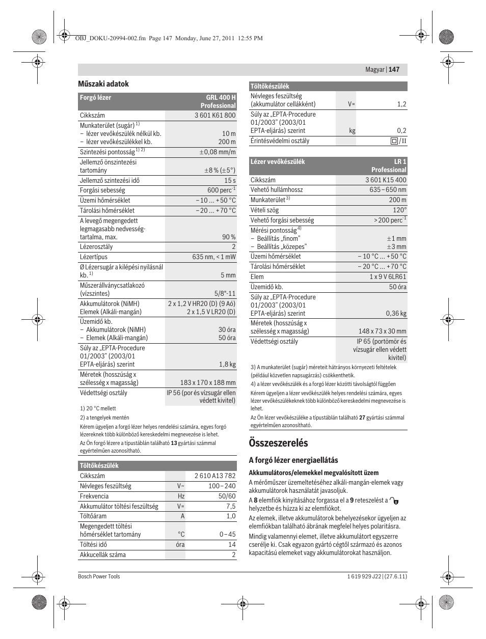 Összeszerelés | Bosch GRL 400 H Professional User Manual | Page 147 / 259