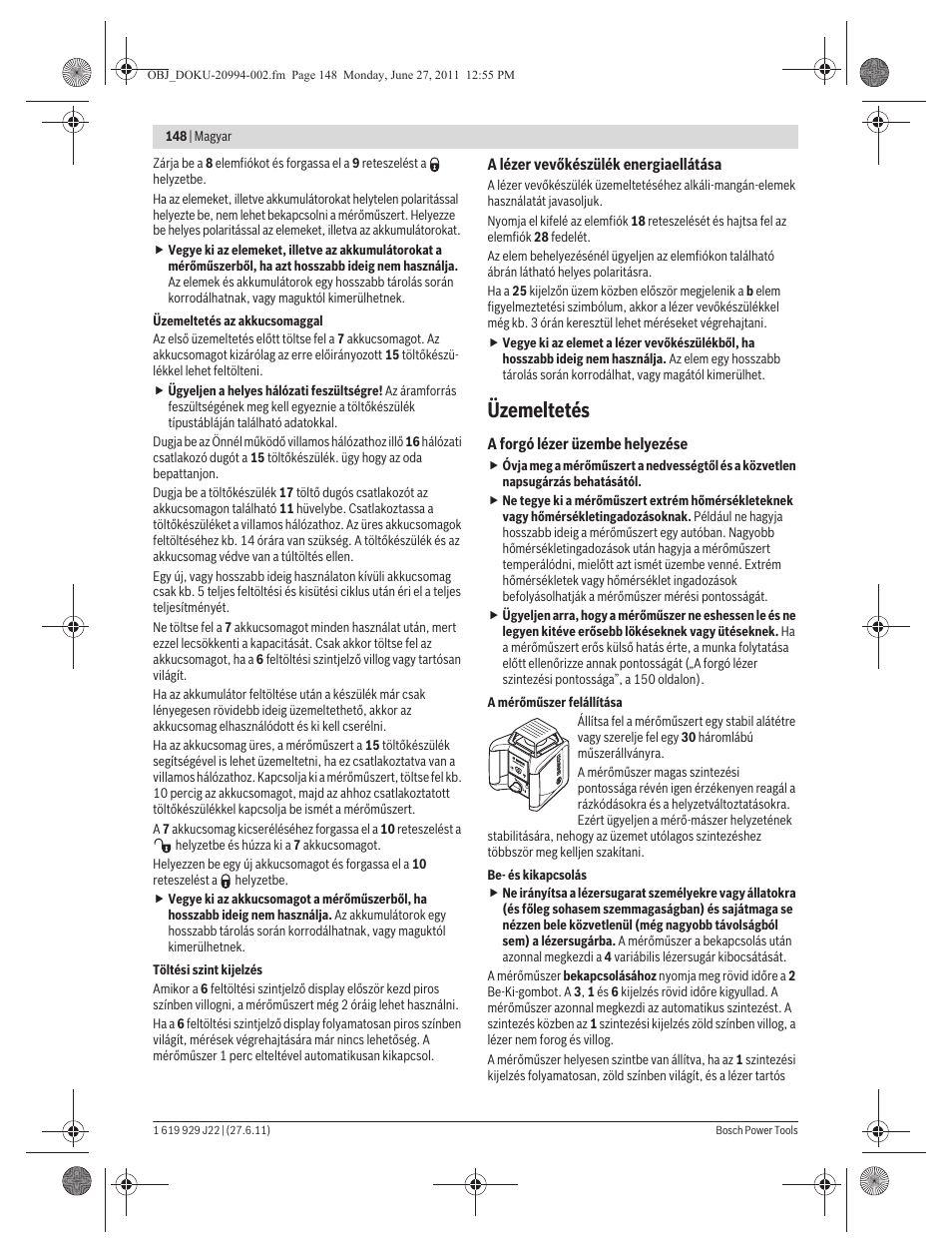 Üzemeltetés | Bosch GRL 400 H Professional User Manual | Page 148 / 259