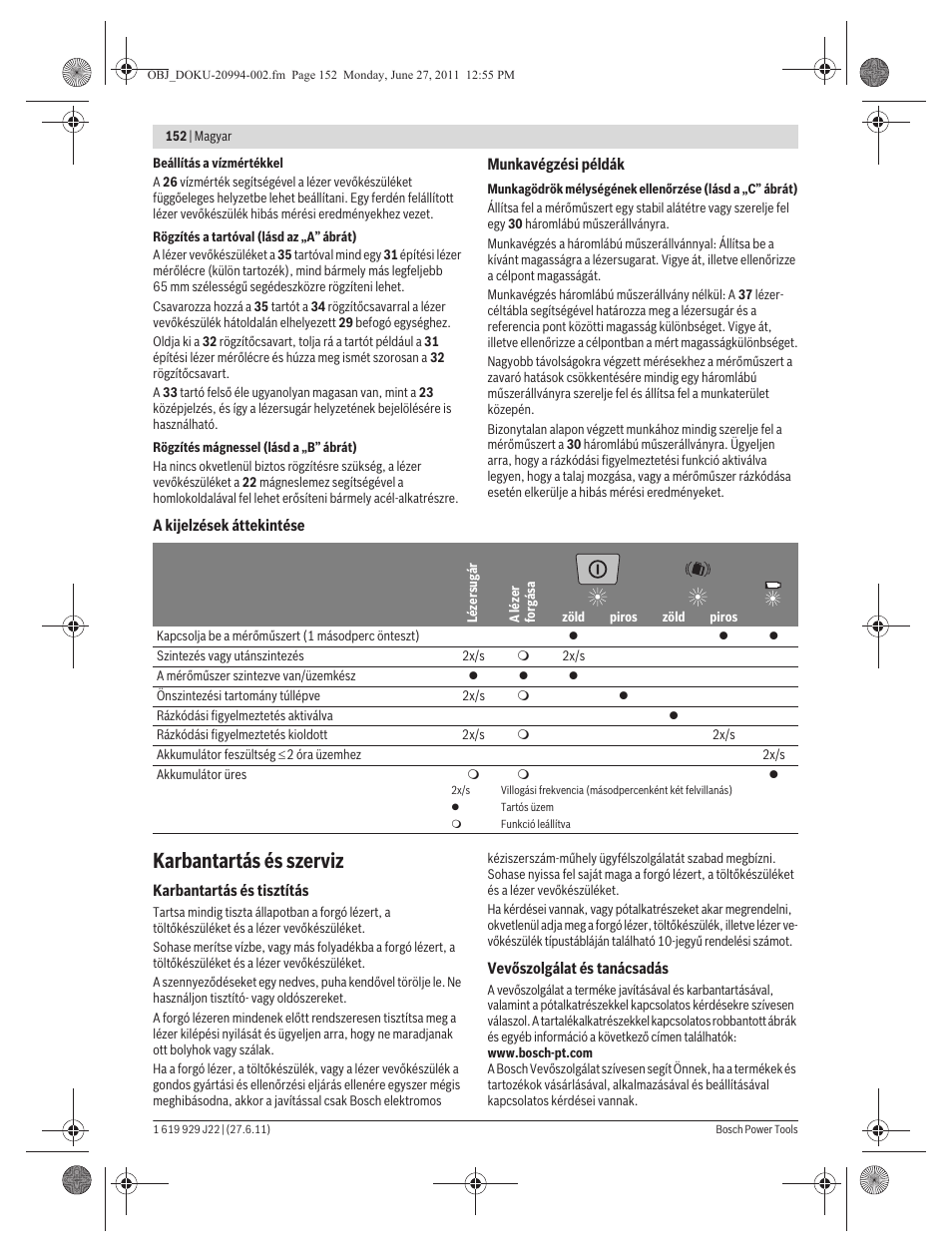 Karbantartás és szerviz | Bosch GRL 400 H Professional User Manual | Page 152 / 259