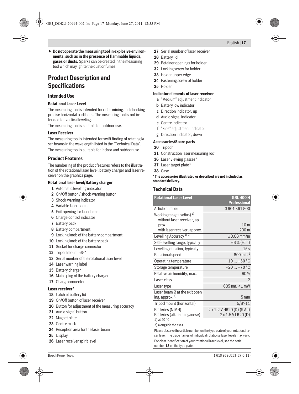 Product description and specifications | Bosch GRL 400 H Professional User Manual | Page 17 / 259