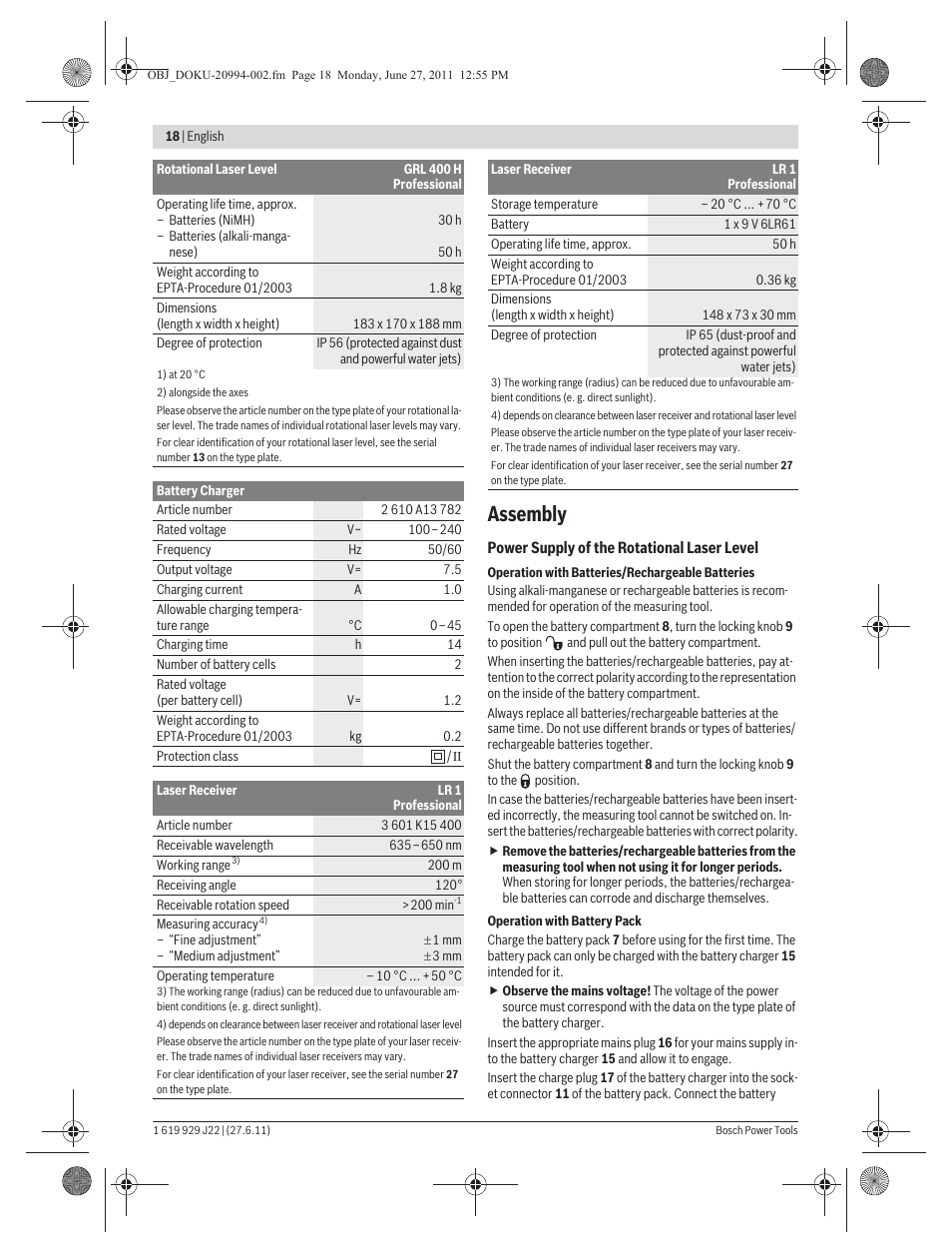 Assembly | Bosch GRL 400 H Professional User Manual | Page 18 / 259