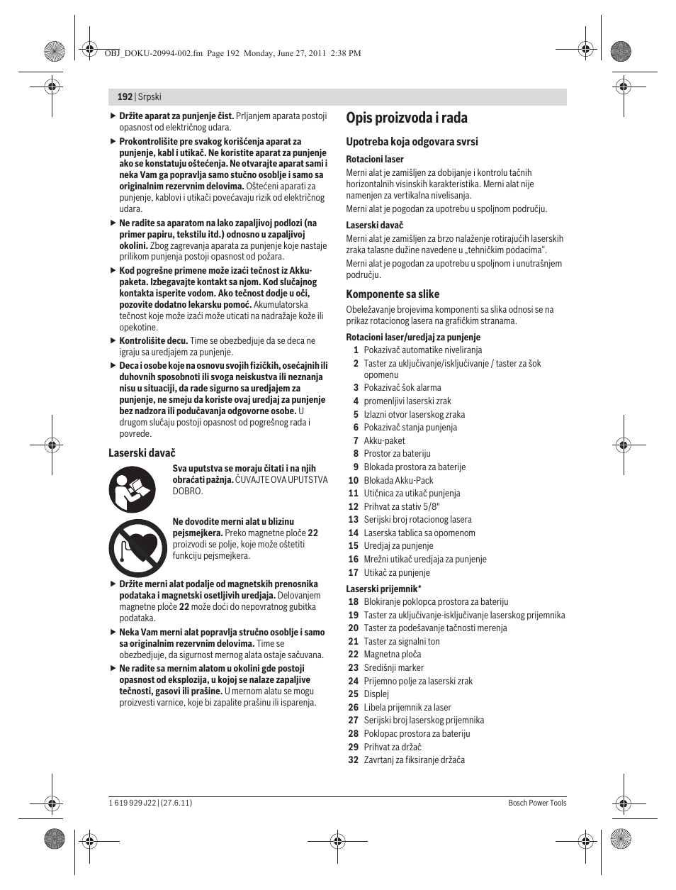 Opis proizvoda i rada | Bosch GRL 400 H Professional User Manual | Page 192 / 259