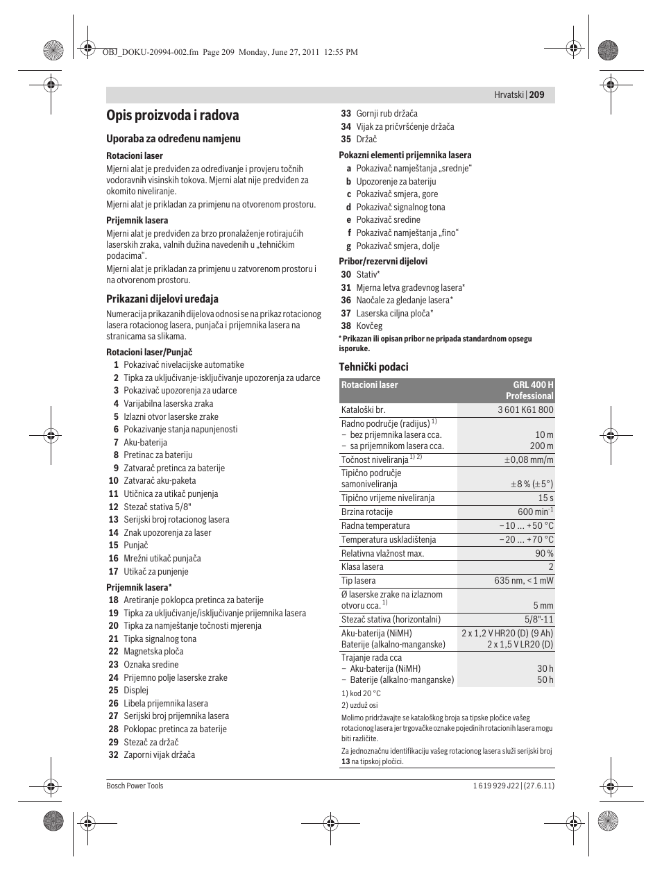 Opis proizvoda i radova | Bosch GRL 400 H Professional User Manual | Page 209 / 259