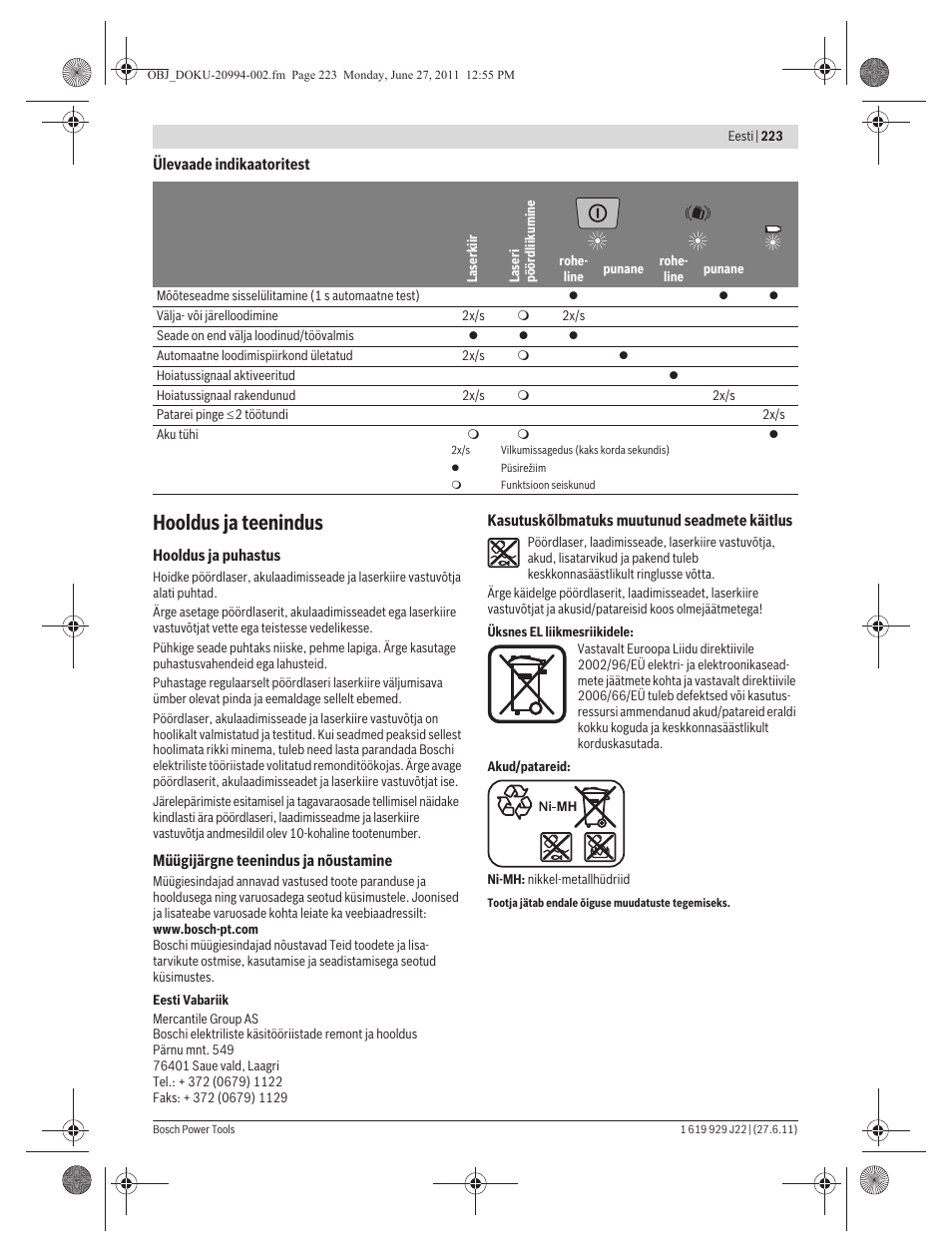 Hooldus ja teenindus | Bosch GRL 400 H Professional User Manual | Page 223 / 259