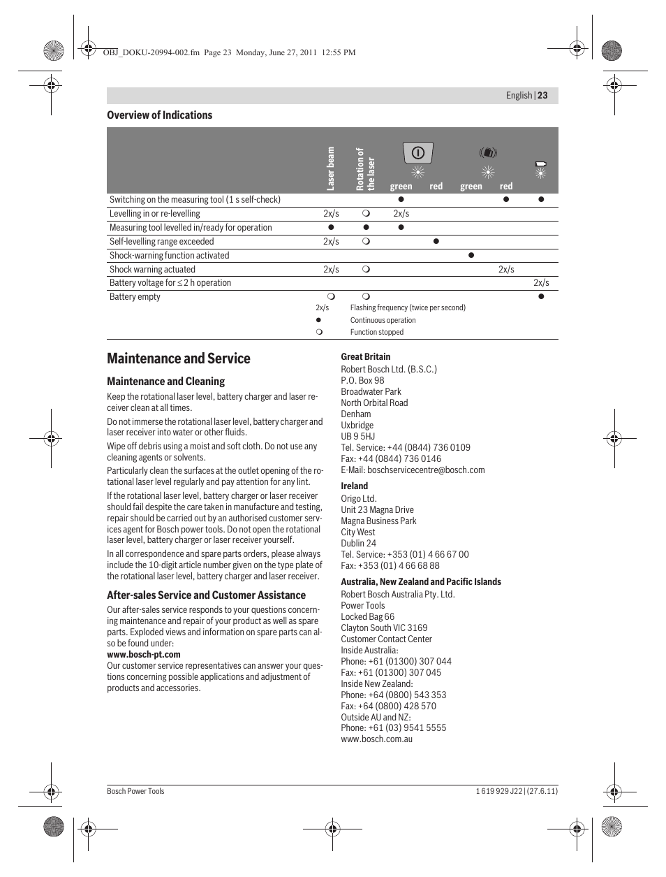 Maintenance and service | Bosch GRL 400 H Professional User Manual | Page 23 / 259