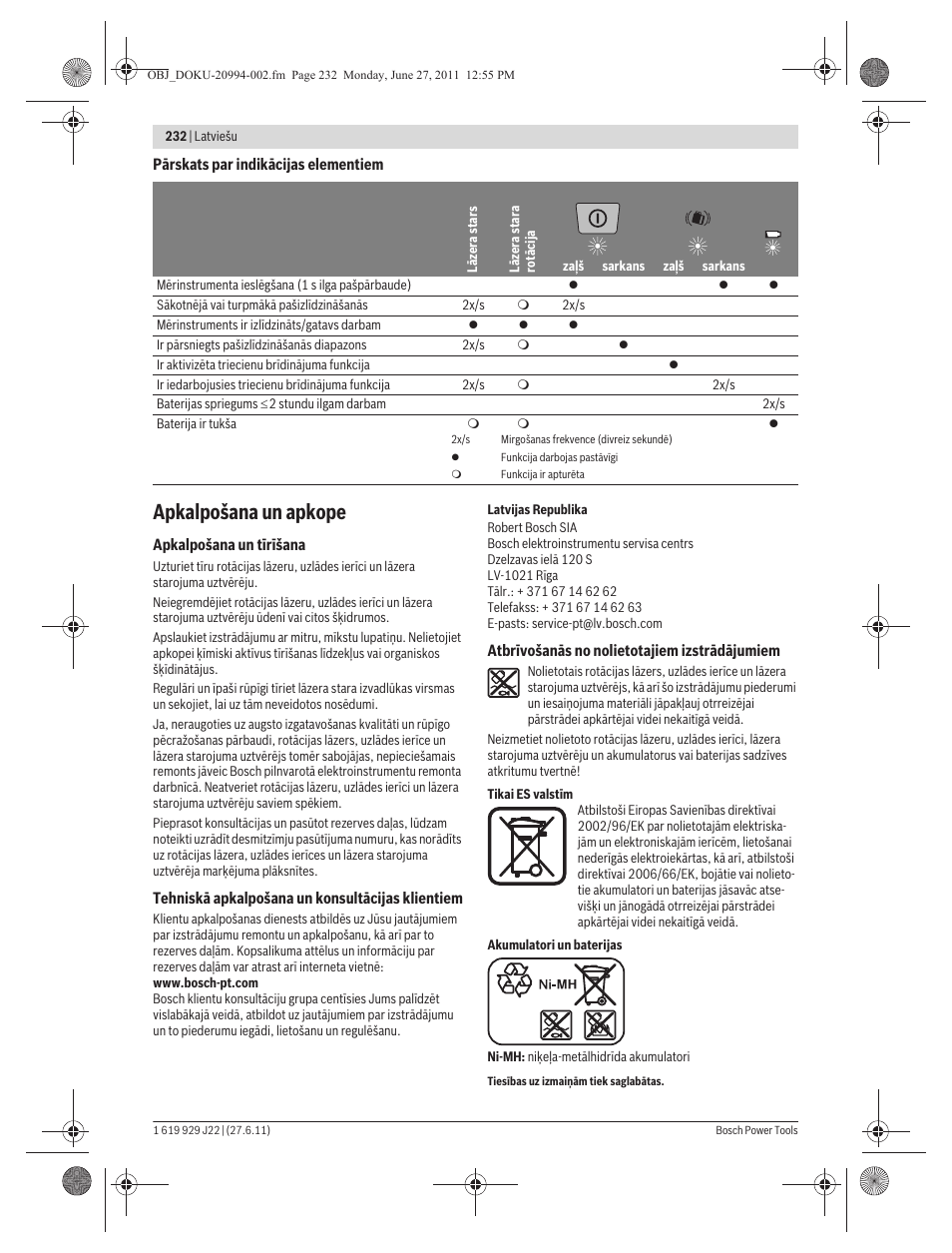 Apkalpošana un apkope | Bosch GRL 400 H Professional User Manual | Page 232 / 259