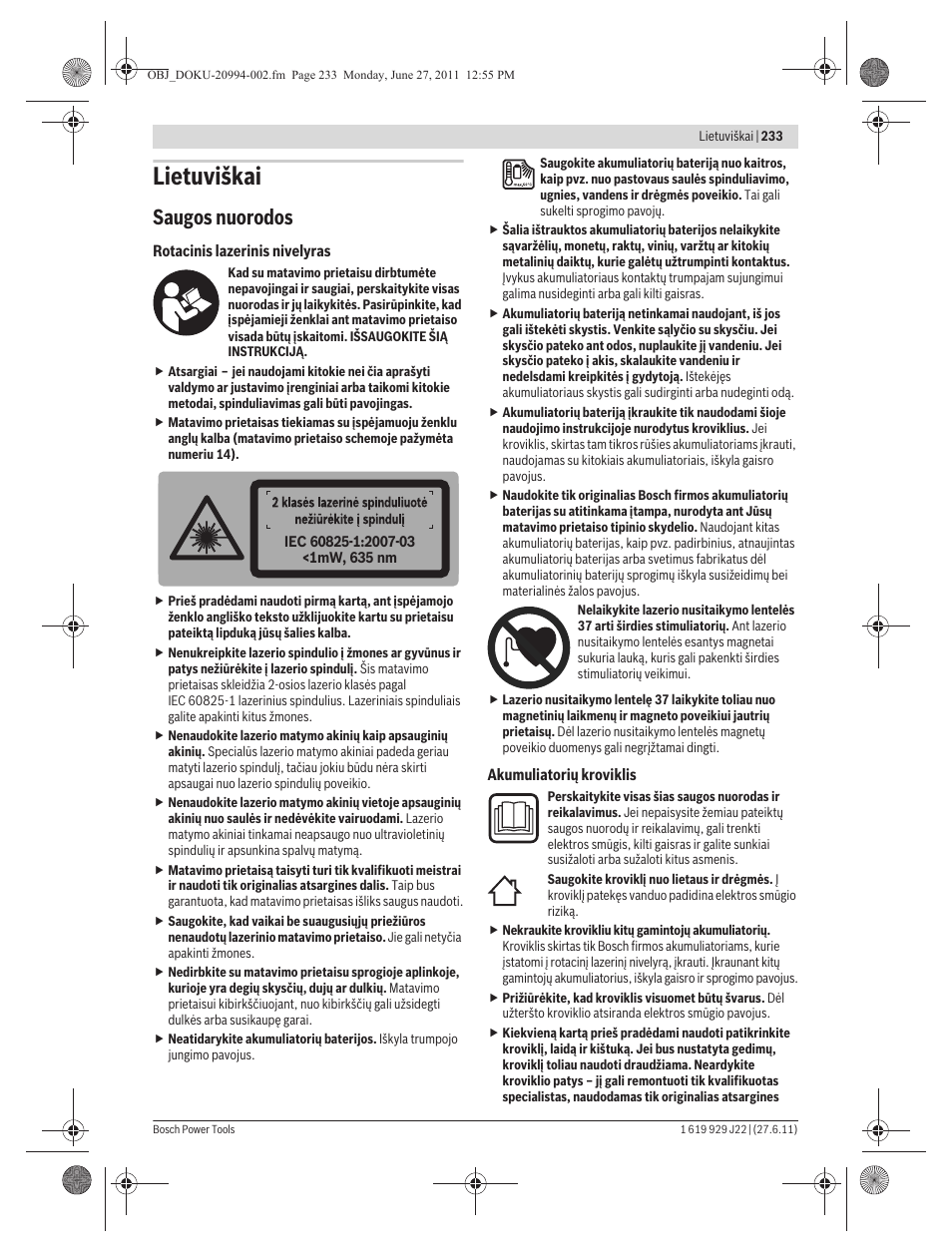 Lietuviškai, Saugos nuorodos | Bosch GRL 400 H Professional User Manual | Page 233 / 259