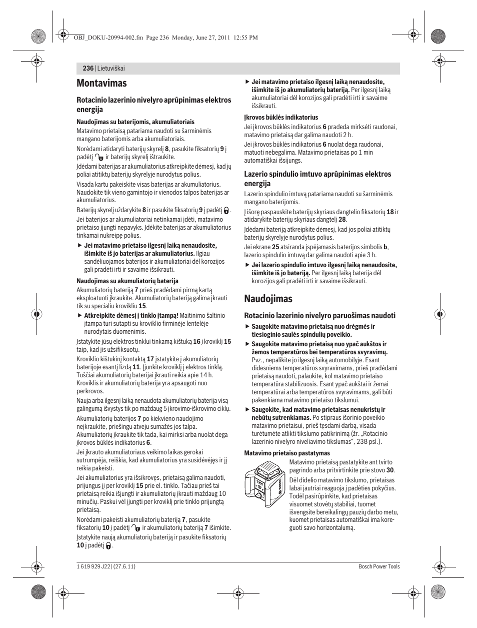 Montavimas, Naudojimas | Bosch GRL 400 H Professional User Manual | Page 236 / 259