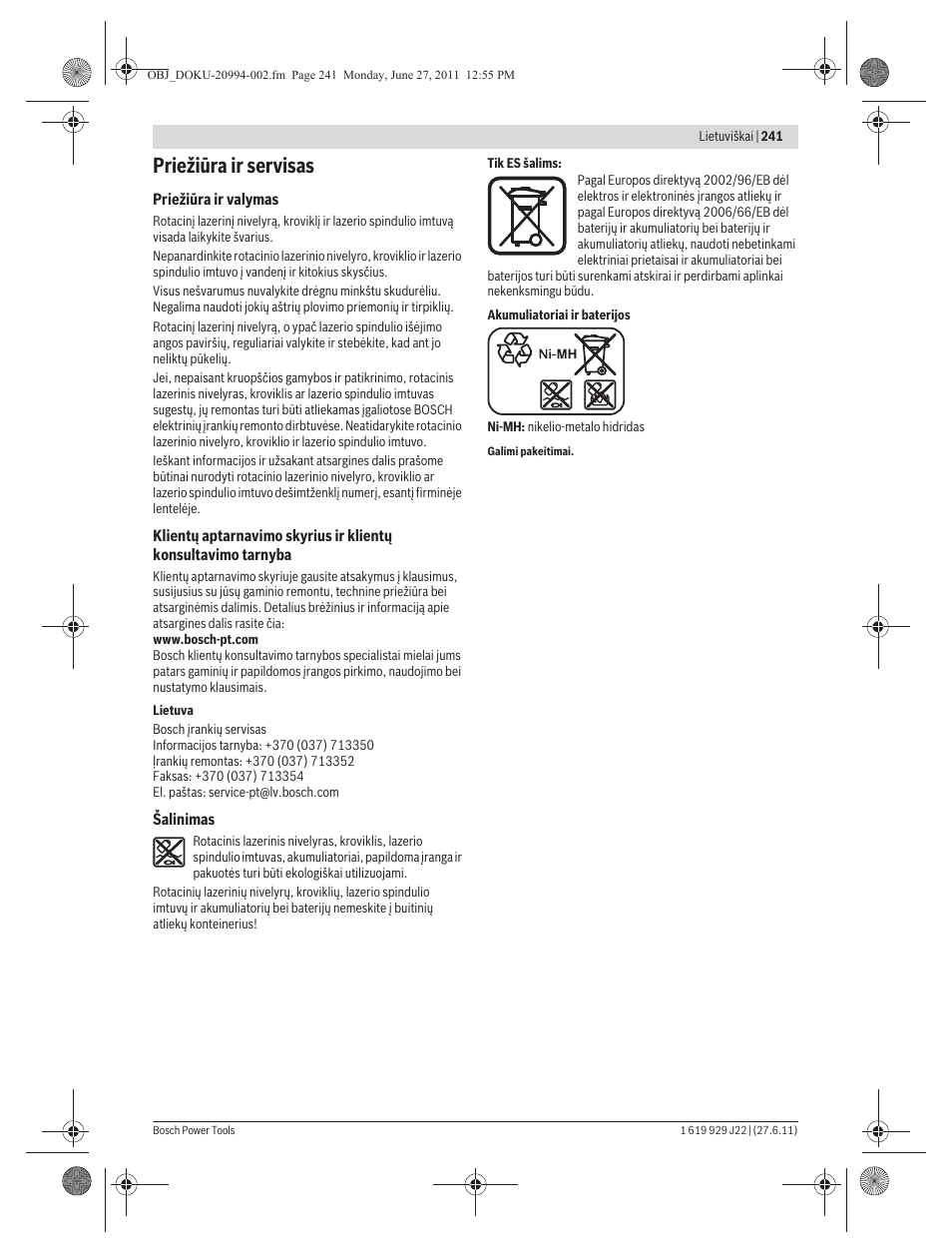 Priežiūra ir servisas | Bosch GRL 400 H Professional User Manual | Page 241 / 259