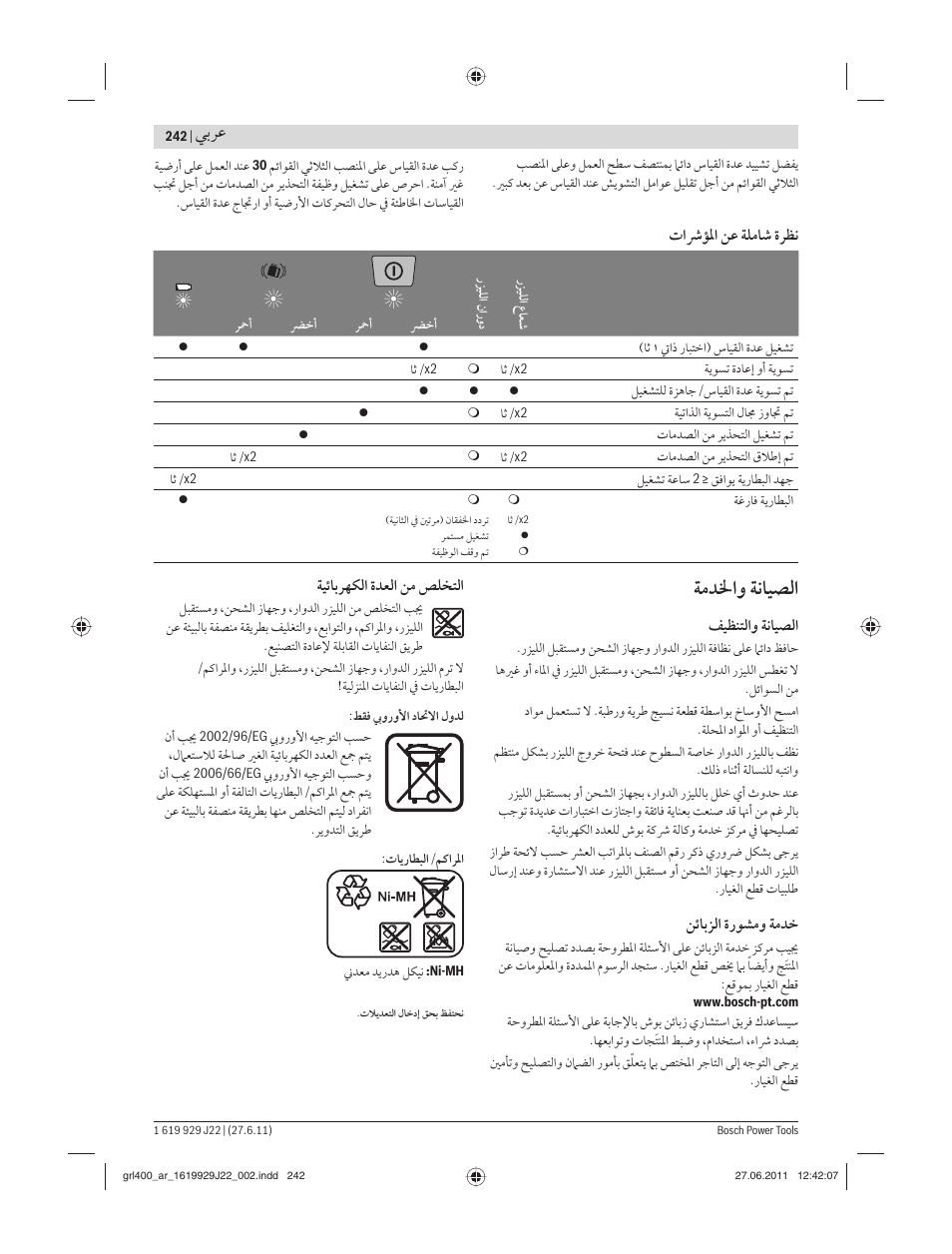 ﺔﻣﺪﳋاﻭ ﺔﻧﺎﻴﺼﻟا, ﻲﺑﺮﻋ | Bosch GRL 400 H Professional User Manual | Page 242 / 259