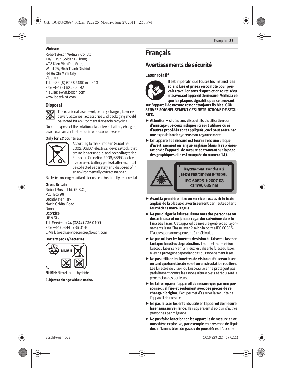 Français, Avertissements de sécurité | Bosch GRL 400 H Professional User Manual | Page 25 / 259