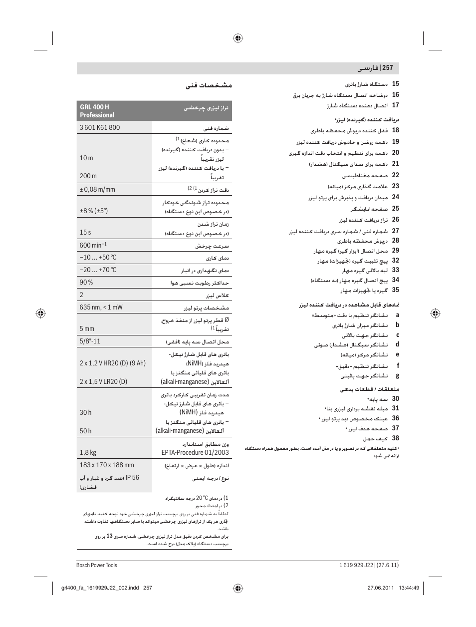 ﺳرﺎﻓ, ﻨﻓ تﺎﺼﺨﺸﻣ | Bosch GRL 400 H Professional User Manual | Page 257 / 259