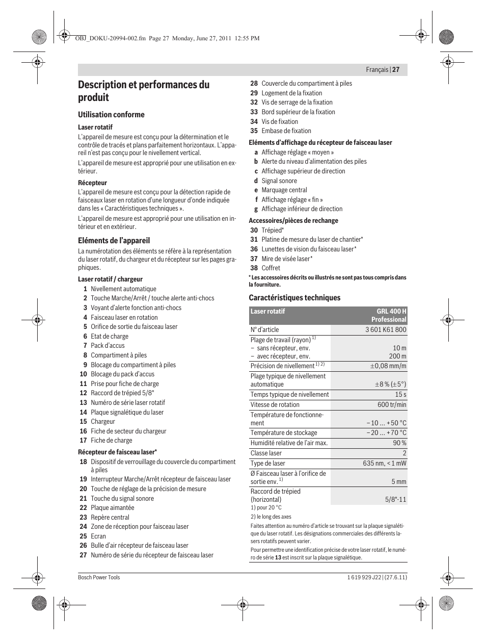 Description et performances du produit | Bosch GRL 400 H Professional User Manual | Page 27 / 259