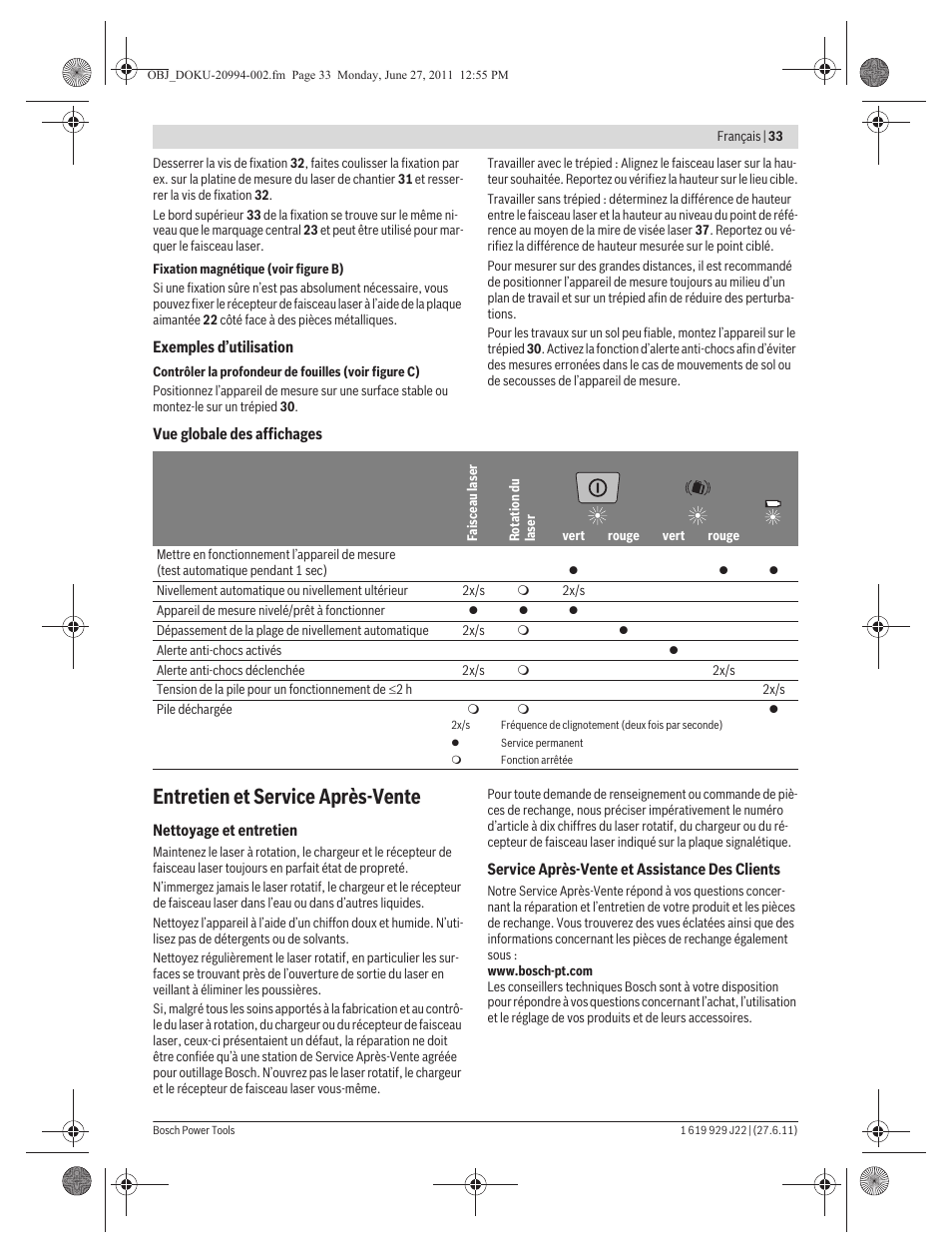 Entretien et service après-vente | Bosch GRL 400 H Professional User Manual | Page 33 / 259
