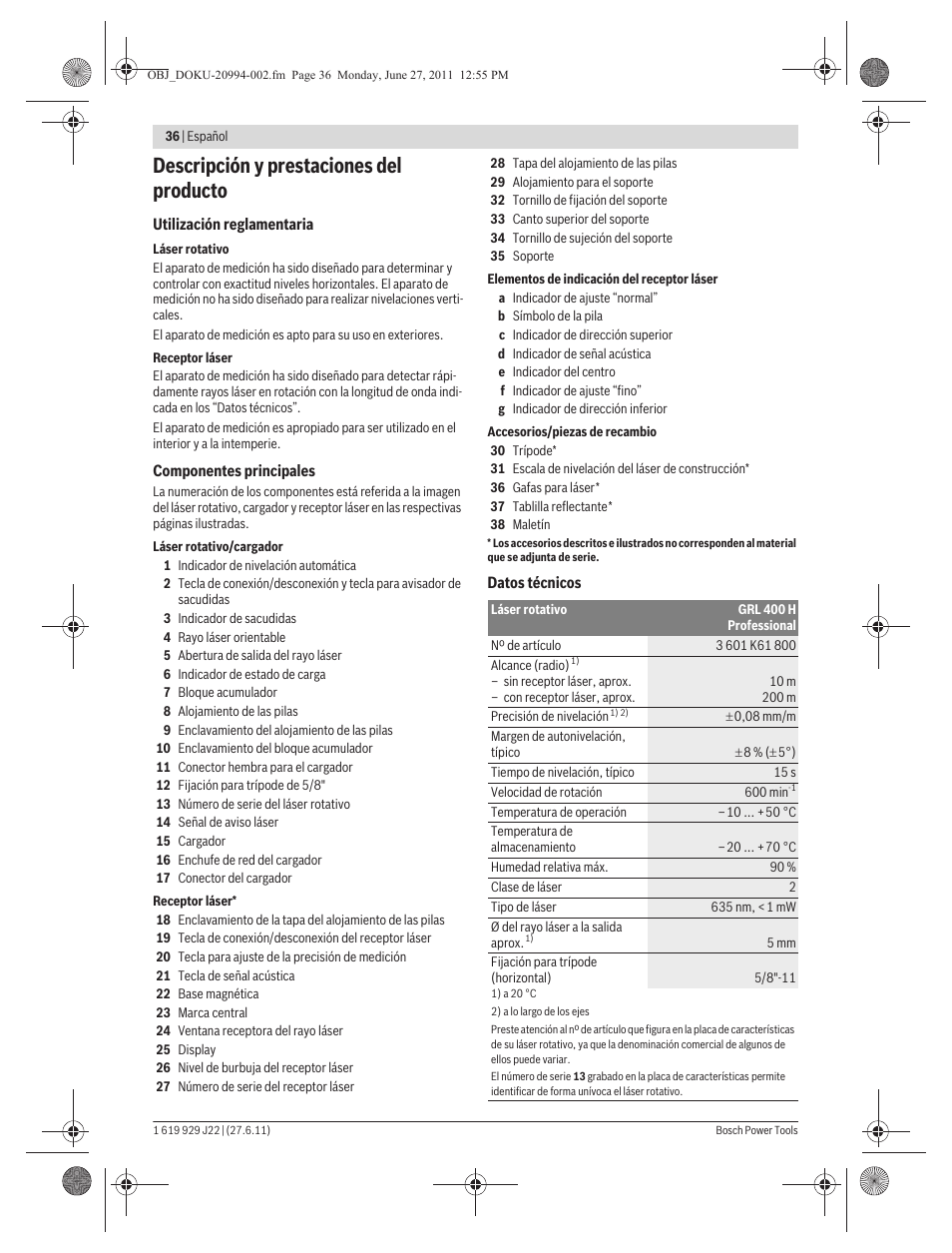 Descripción y prestaciones del producto | Bosch GRL 400 H Professional User Manual | Page 36 / 259
