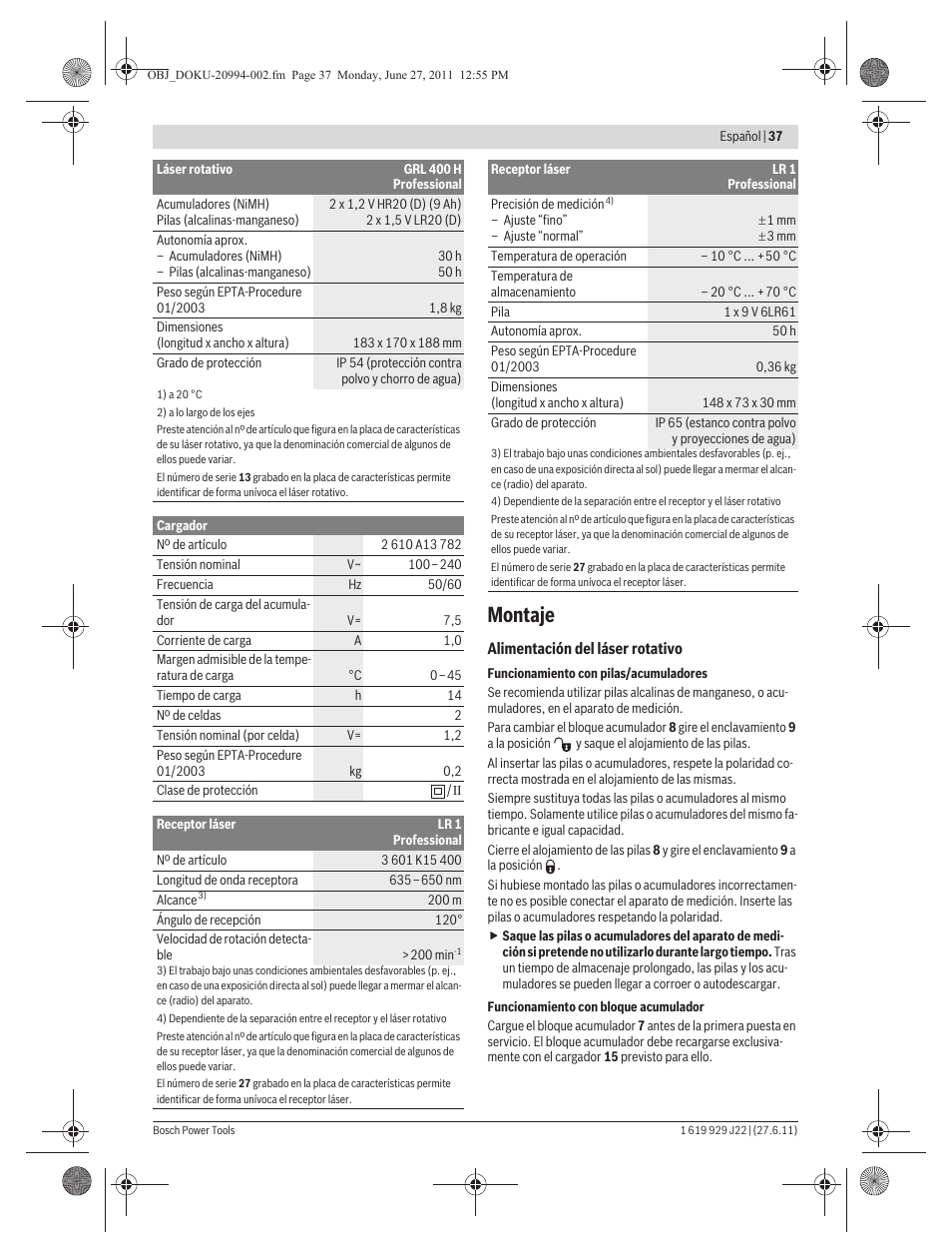 Montaje | Bosch GRL 400 H Professional User Manual | Page 37 / 259