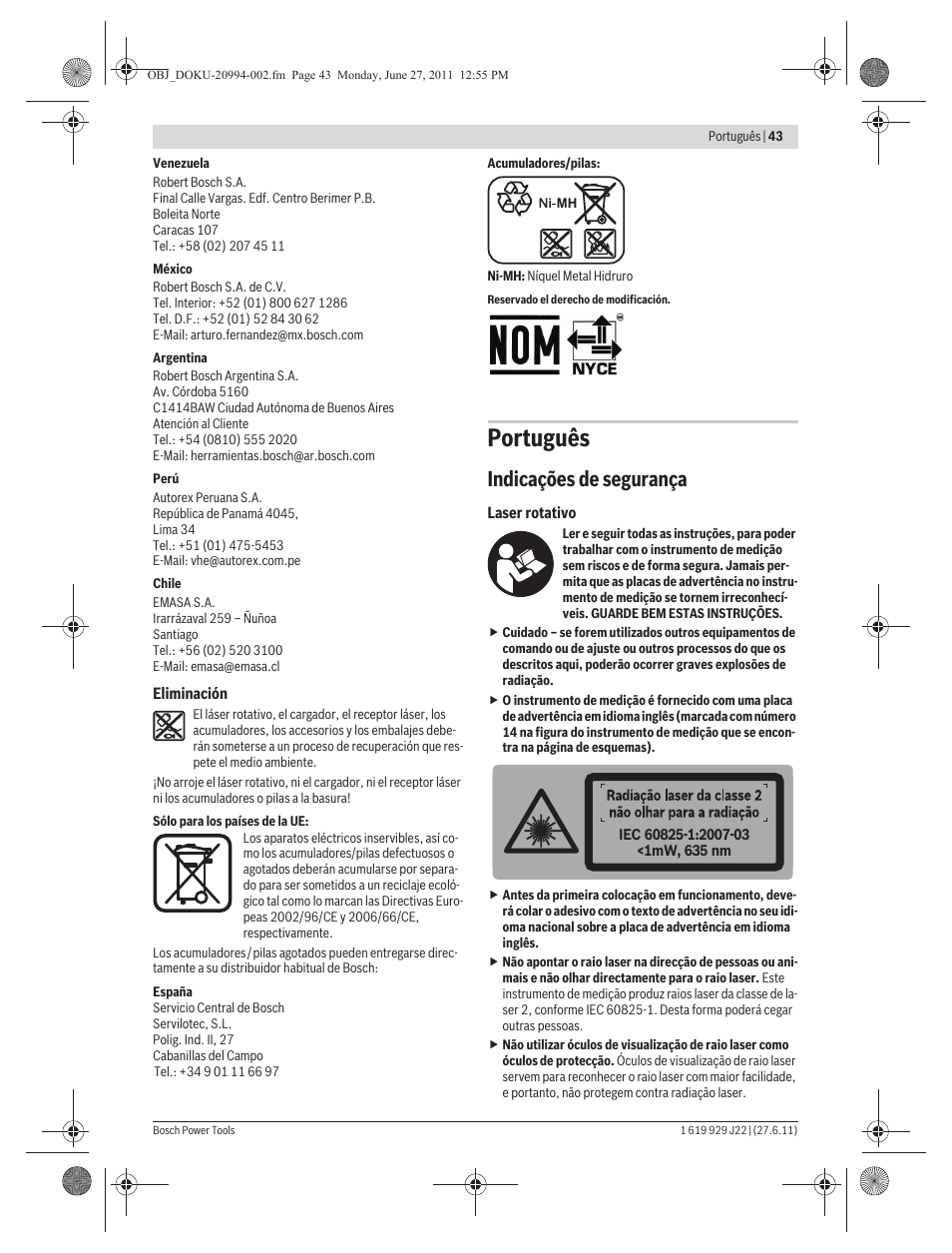 Português, Indicações de segurança | Bosch GRL 400 H Professional User Manual | Page 43 / 259