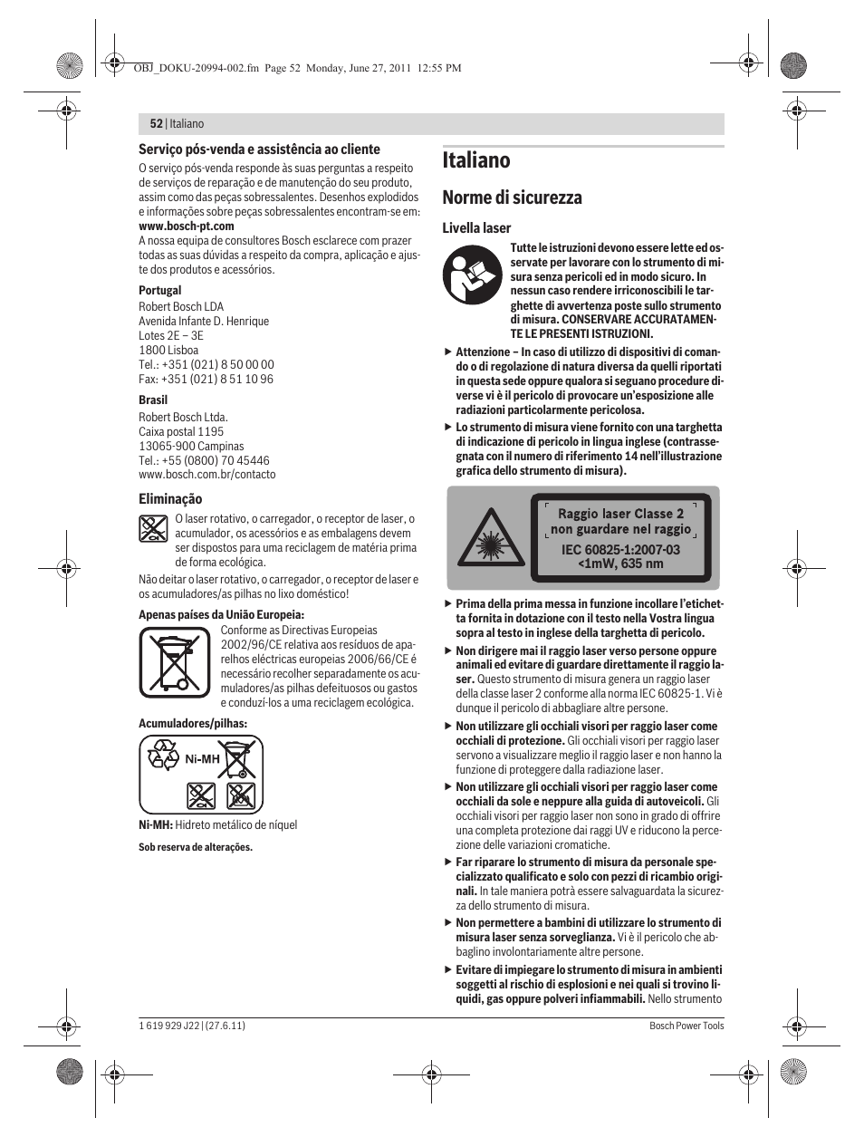 Italiano, Norme di sicurezza | Bosch GRL 400 H Professional User Manual | Page 52 / 259