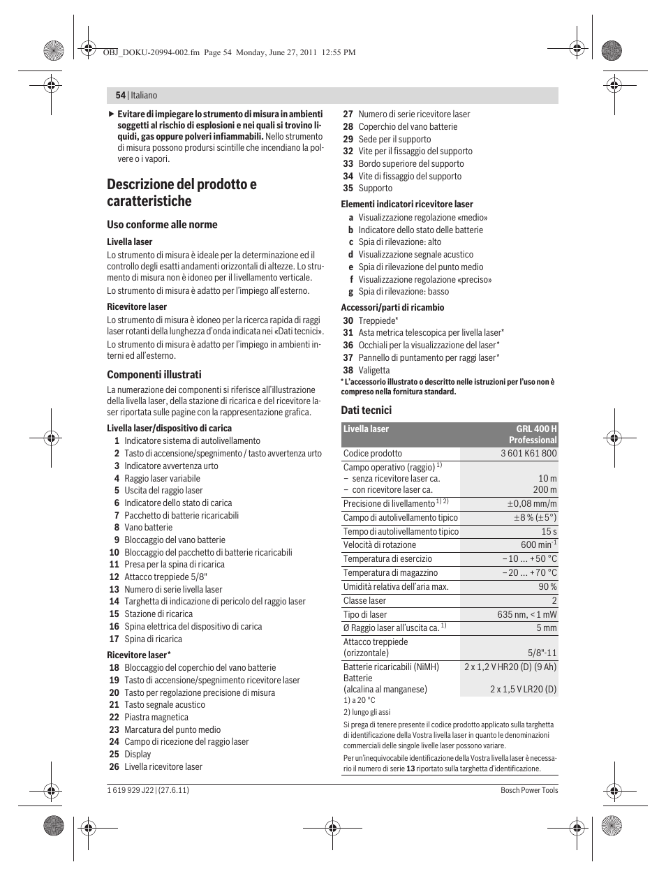 Descrizione del prodotto e caratteristiche | Bosch GRL 400 H Professional User Manual | Page 54 / 259