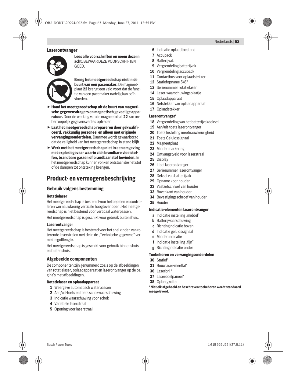 Product- en vermogensbeschrijving | Bosch GRL 400 H Professional User Manual | Page 63 / 259