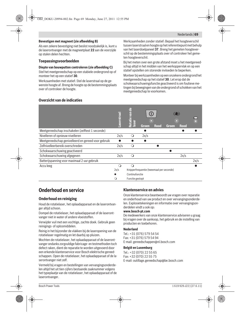 Onderhoud en service | Bosch GRL 400 H Professional User Manual | Page 69 / 259