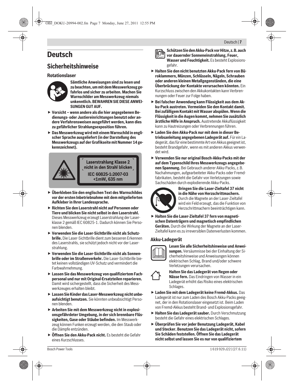 Deutsch, Sicherheitshinweise | Bosch GRL 400 H Professional User Manual | Page 7 / 259