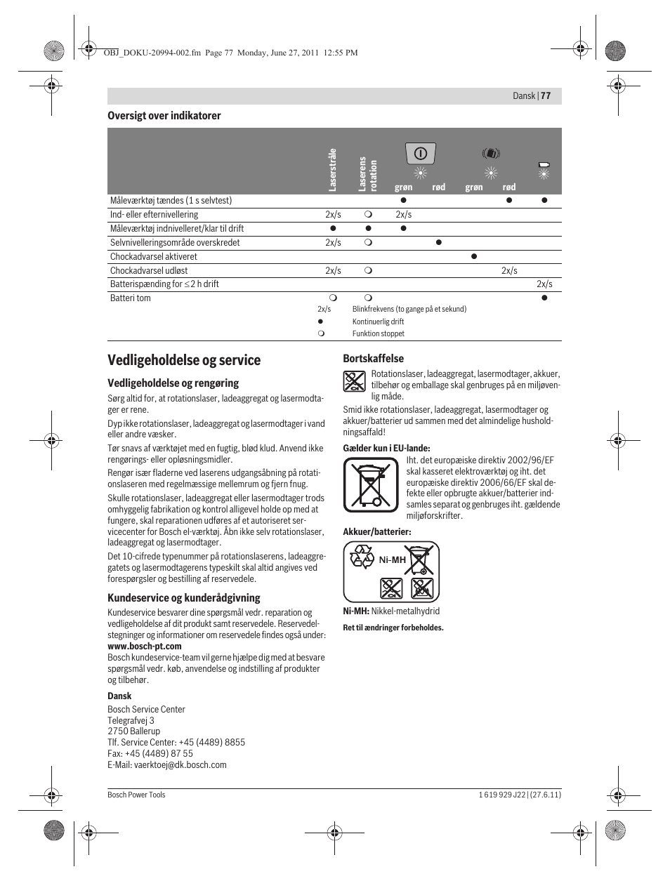 Vedligeholdelse og service | Bosch GRL 400 H Professional User Manual | Page 77 / 259