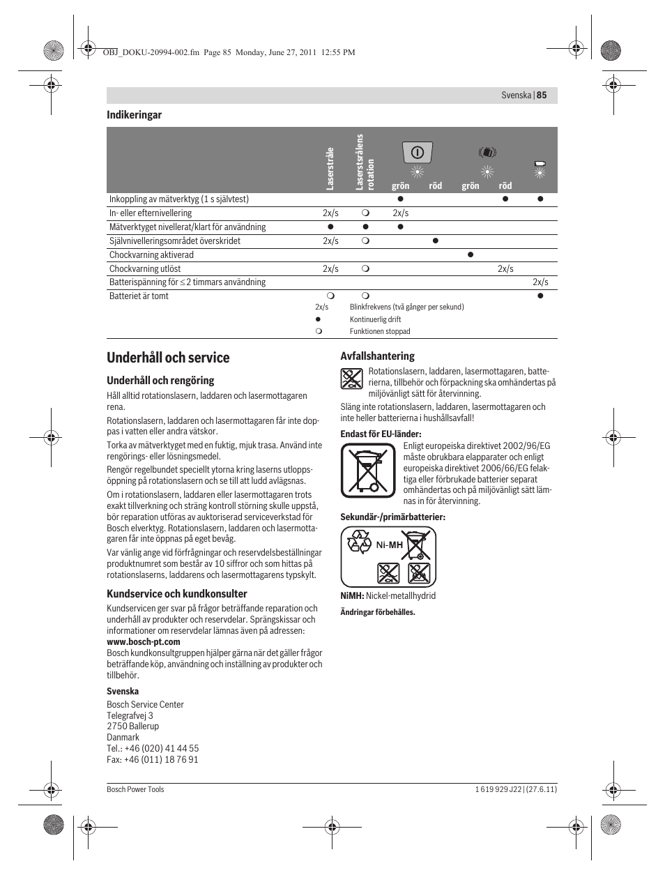 Underhåll och service | Bosch GRL 400 H Professional User Manual | Page 85 / 259