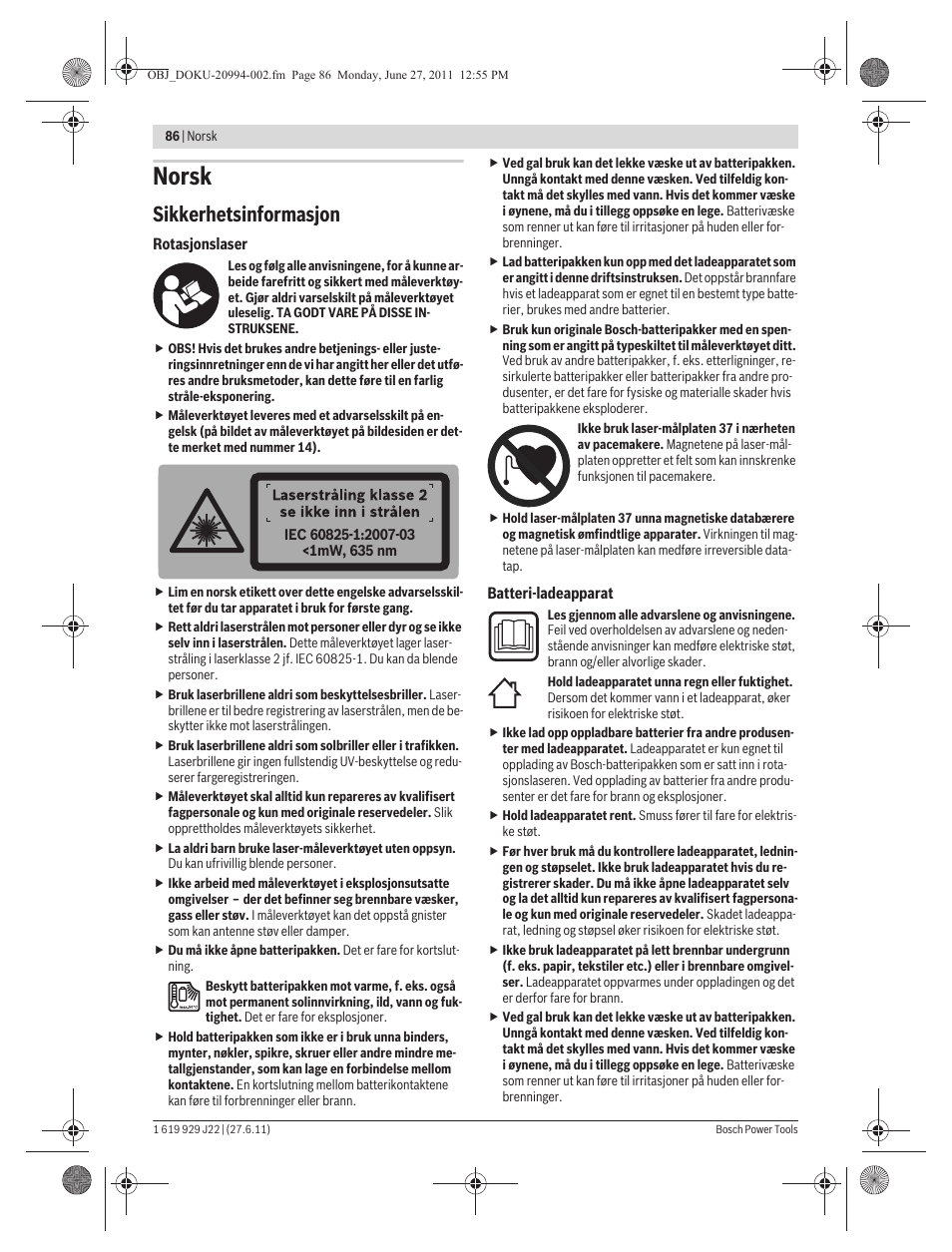 Norsk, Sikkerhetsinformasjon | Bosch GRL 400 H Professional User Manual | Page 86 / 259