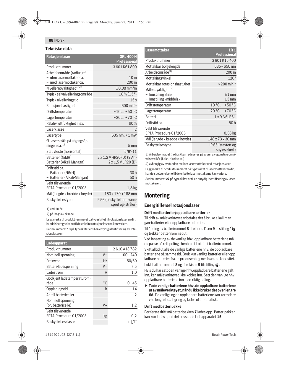 Montering | Bosch GRL 400 H Professional User Manual | Page 88 / 259