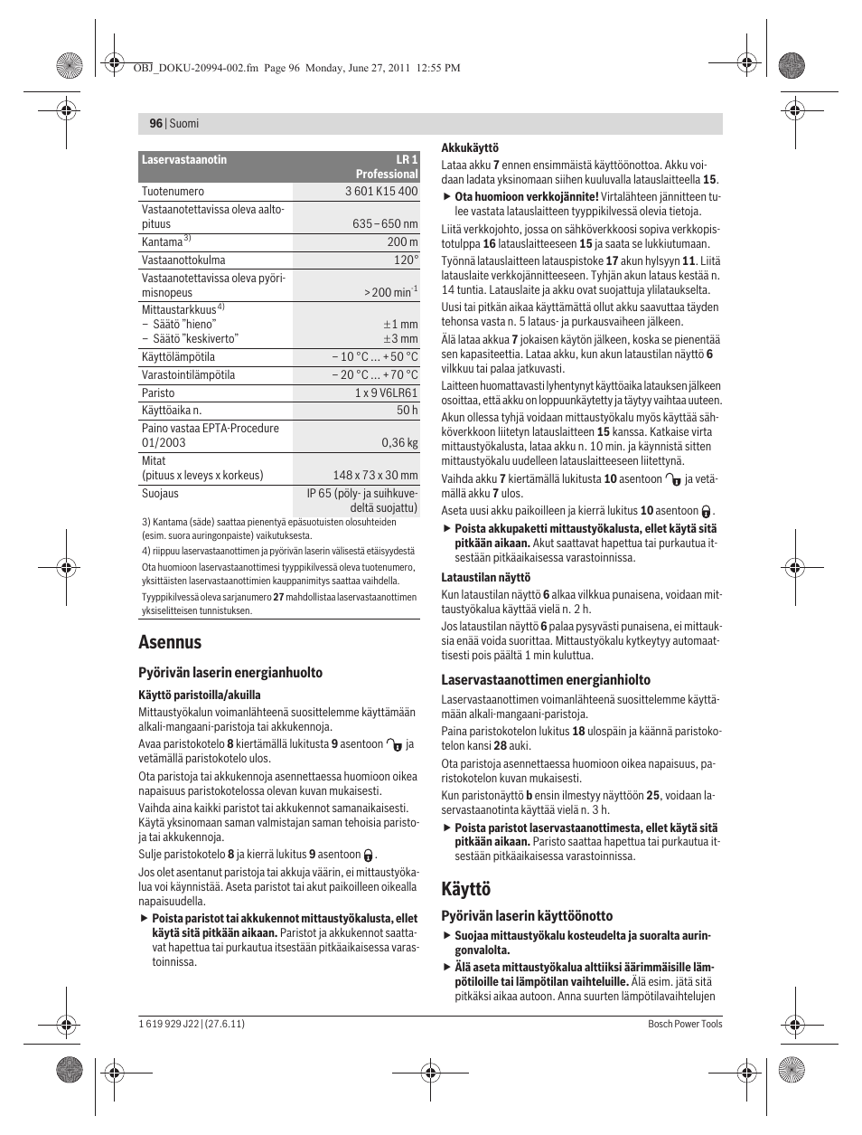 Asennus, Käyttö | Bosch GRL 400 H Professional User Manual | Page 96 / 259