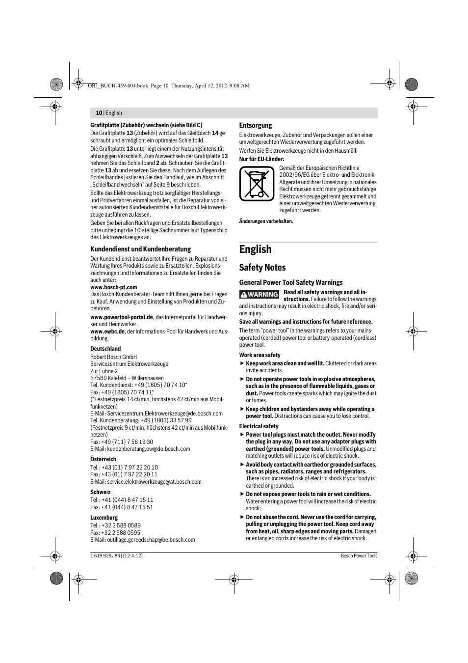 English | Bosch GBS 75 AE Set Professional User Manual | Page 10 / 139