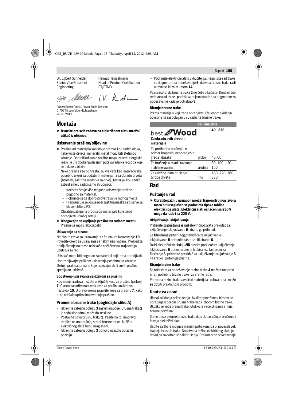 Montaža | Bosch GBS 75 AE Set Professional User Manual | Page 105 / 139